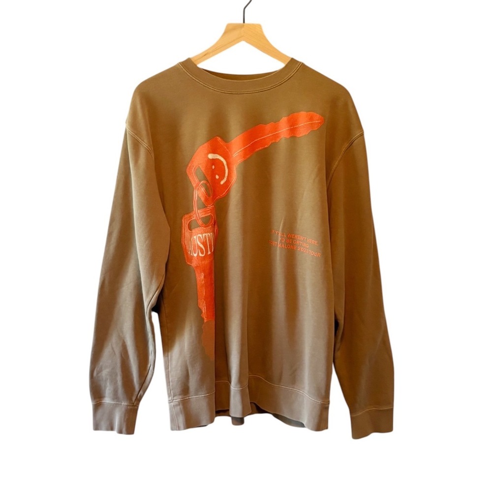 Post Malone Austin 2023 Tour Sweatshirt Brown Orange Key Graphic Mens L